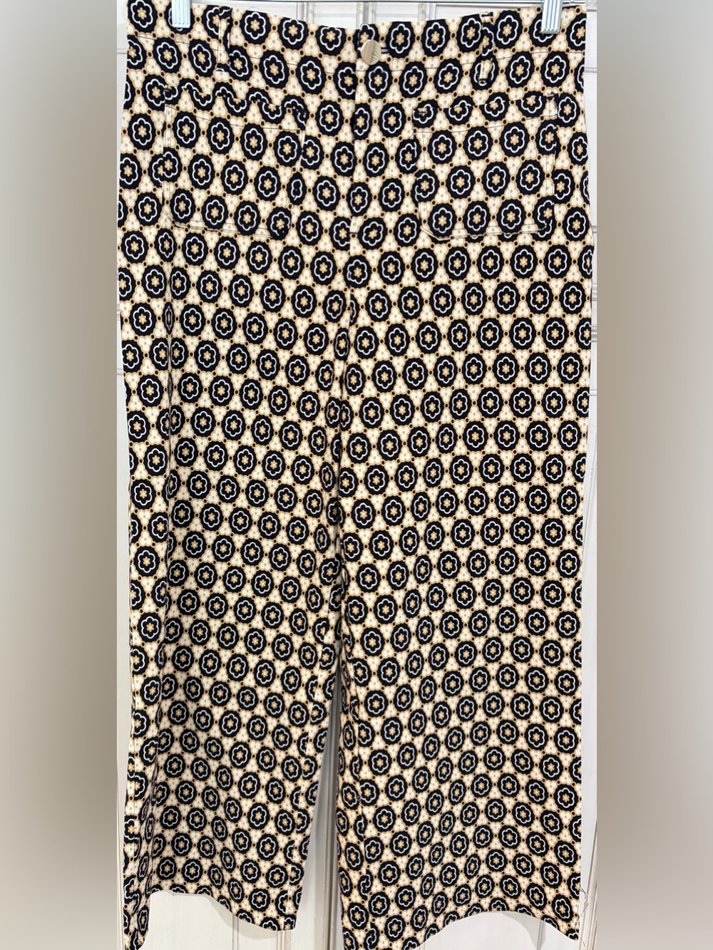 NWOT SZ L Jules & Leopold Navy and Cream Geometric wide leg Floral Pants